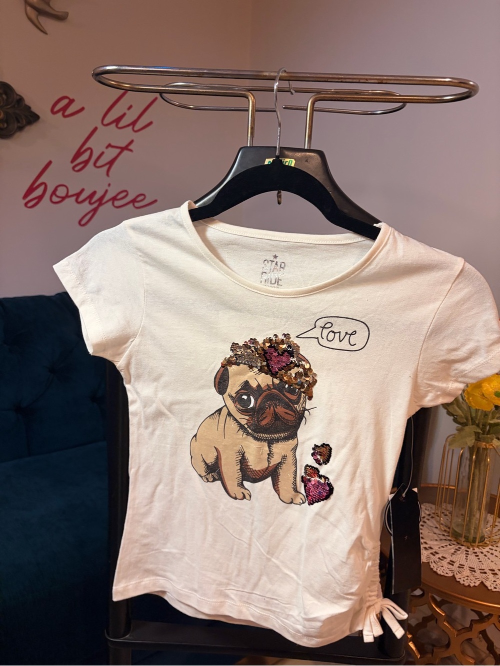 Star Ride Cream Sequin Pug Graphic Tee for Kids